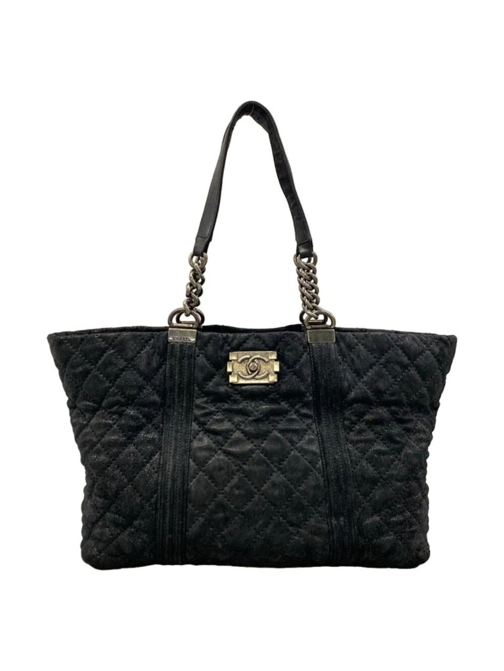 Chanel Tote Bag Boy Black Chain Shoulder Vintage Silver Leather
